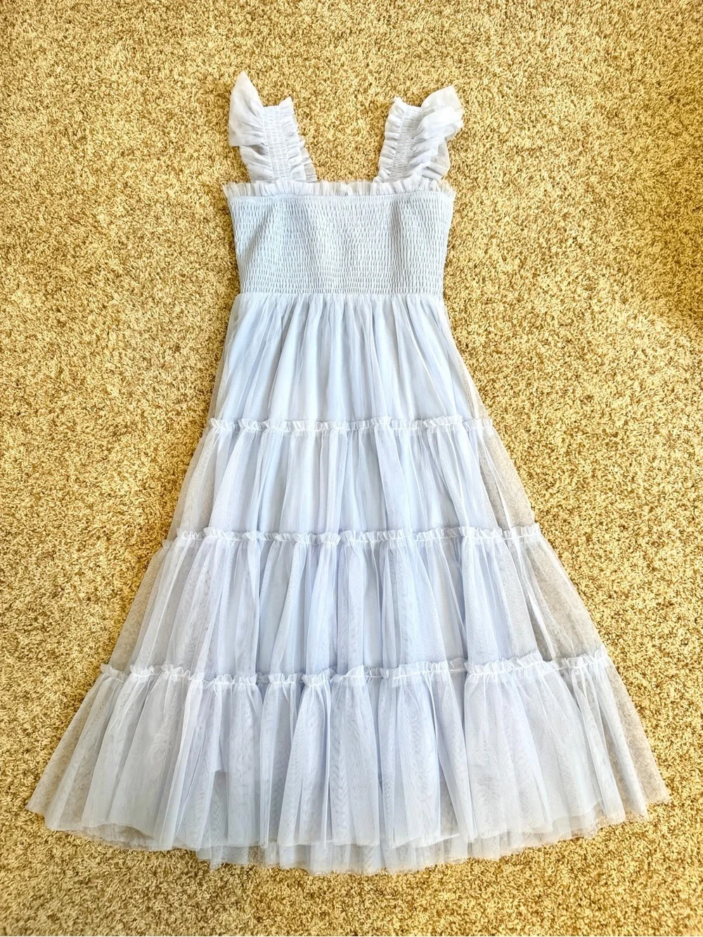 Baltic Born Emma Smocked Midi Tulle Dress EUC Light Blue M Tiered Tulle Ruffle - Picture 8 of 8